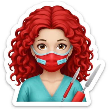 Lilith symbol seductress long curly hair evil surgeon.  brown hair. Red surgical mask and hair covering. She works for cartel and kills  with a scalpel. sticker
