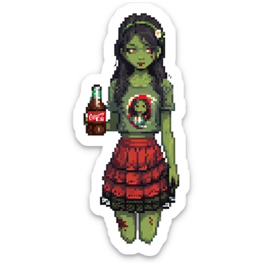 Generate an Asian girl, dark-haired, she's a zombie, wearing a skirt with lace, slightly torn,

Holding a bottle of Coca-Cola in her hands.

Background - a dark street in the style of Gotham City. sticker