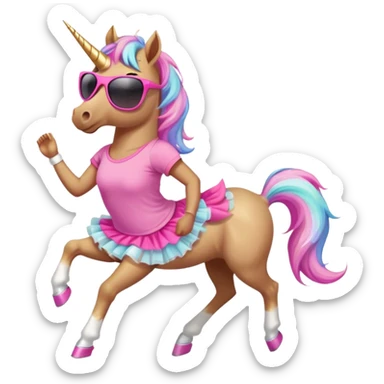 friendly anthropomorphised female unicorn with horse-like face, in tutu and pink t-shirt, wearing dark sunglasses, jogging upright in standard pose sticker