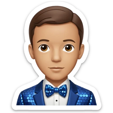 Fred Astaire with brown hair, dark blue sequin suit with bow tie sticker