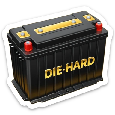 black car battery labeled 'Die Hard' with golden energy waves surrounding it, highlighting its strength sticker