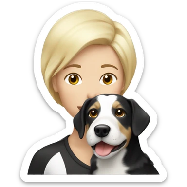 lesbian woman with short blonde hair kissing a black and white épagneul breton dog sticker