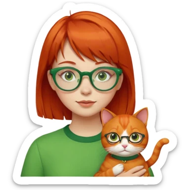 Red hair girl with short bangs and green glasses holding orange cat  sticker