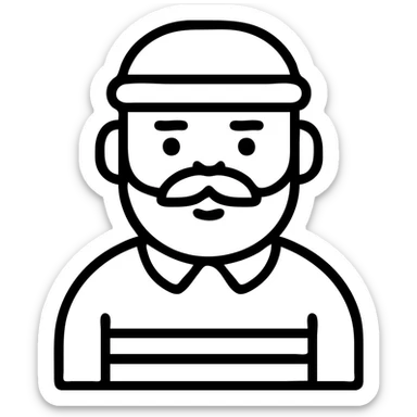 simple and minimal character with mustache, chubby, medium eyebrows, connected beard and mustache, wearing an orange shirt with white stripes, and a green grandpa hat sticker