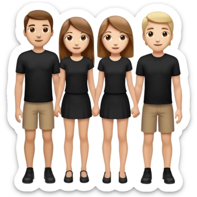 emoji of a girl with long, straight light brown hair, fair skin, soft brown eyes. Wearing a stylish black top and mini skirt. Full-height, standing confidently with shoulders back, head up, smiling proudly. Surrounded by 3men and one woman next to her, holding hands. sticker