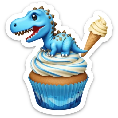 A cupcake having blue and black icing and a dinosaur as a decoration and ice cream next to it sticker