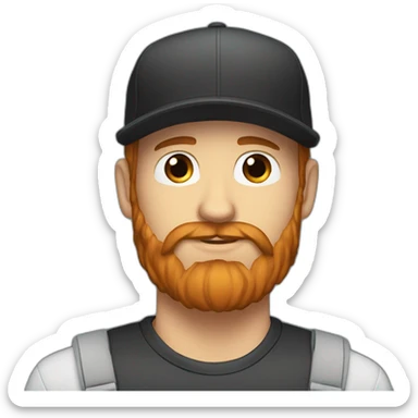Handsome man in a cap and a red beard with a black labrador dog sticker