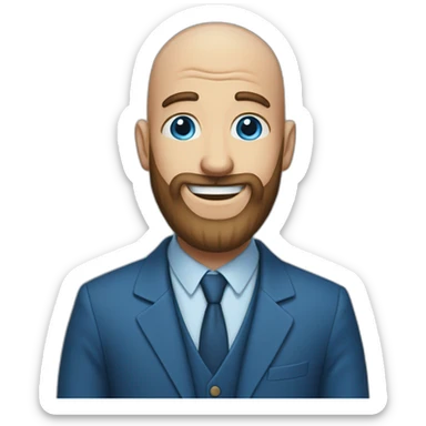 blue-eyed full smile aching bald man with a long beard in a blue suit sticker