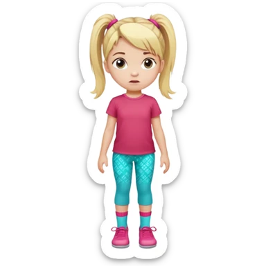 Little girl with blonde hair in ponytail with pink hair tie, wearing red t-shirt and turquoise patterned pants, light socks, serious facial expression sticker