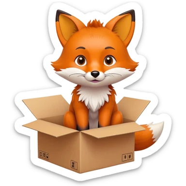 Cute fox sitting in a cardboard box with playful expression, kids toy aesthetic sticker