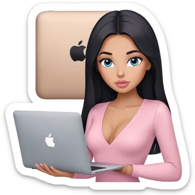 Glamours, tanned, very beautiful girl, with big pump peach-beige-rose lips, long lashes, black straight smooth silky long hair, straight parting hair, blue-grey eyes, in light-pink v-neck bodysuit holding MacBook sticker