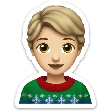 Light brown short haired girl with green eyes drinking coffee wearing blue Christmas sweater sticker