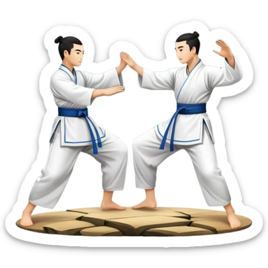 Two martial artists in traditional Wushu attire, performing elegant, fluid moves. The background shows a peaceful, scenic landscape with mountains and bamboo trees, symbolizing the balance of power and grace in Wushu.  sticker