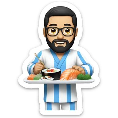 Guy wih beard and black straight hair and glasses , with a white pijama with blue stripes eating sushi  sticker