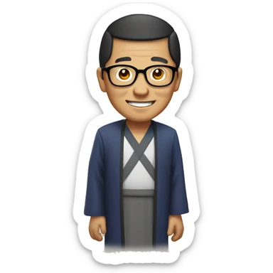 old hmong priest with black hair, smiling with teeth and glasses sticker