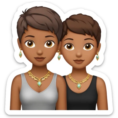 One black girl and one light brown girl and brown colored besties with brown hair pixie cuts wearing jewelry  both brown hair  sticker