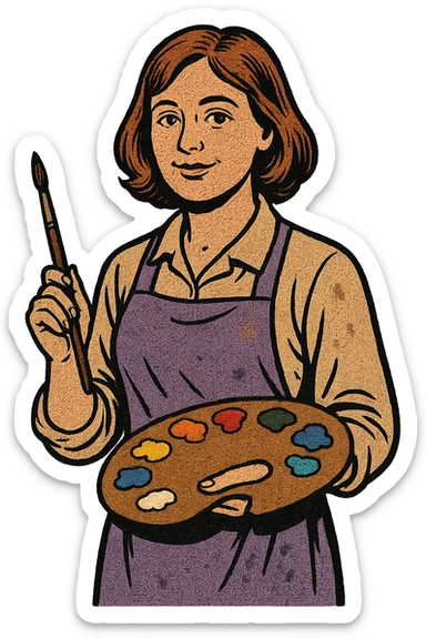 Serene female oil painter, Caucasian features, shoulder-length auburn hair, soft brown eyes, gentle smile, wearing a violet painter’s apron lightly stained with paint over a beige blouse, holding a wooden palette with vibrant colors in one hand and a brush in the other, waist-up, front-facing sticker