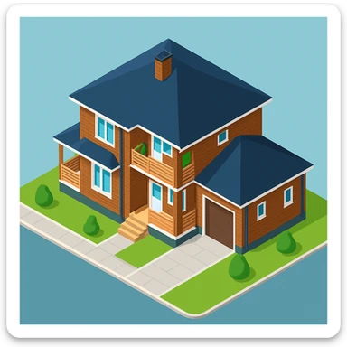 isometric illustration of the building. 3D isometric infographic design. Clean lines, bright and saturated colors, minimal unnecessary details. View from above at an angle (isometric), showing the roof, facade, and part of the surrounding area. Soft shadows, daylight lighting, no harsh contrasts. Background should be solid (blue, gray, or light tone). Add a small area around the building (roads, tiles, grass) so the building looks complete. Accurately represent the architectural features of the building (roof shape, facade, colors). Final style should be neat and polished, similar to posters or educational infographics. sticker