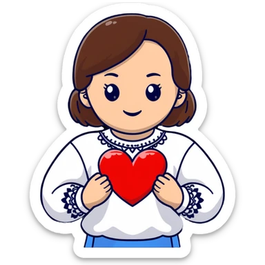 Beautiful young girl with brown hair in a white Ukrainian embroidered shirt holding a large embroidered heart sticker