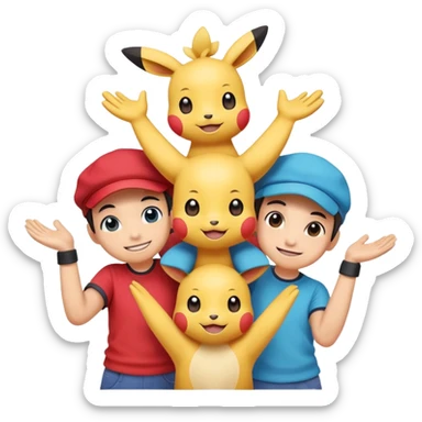 Three Pokémon characters working together as friends — bright, cheerful, and playful. They are helping each other: one is lifting another up, another is offering a hand, and they are all smiling. The style is colorful, cute, and cartoon-like, with a joyful background. sticker