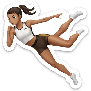 Melanie chisholm with a dark brown high ponytail wearing athletic attire doing a kick sticker