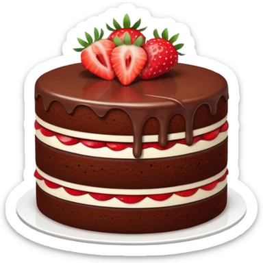 chocolate layer cake with cross-section visible one fresh strawberry on top sticker