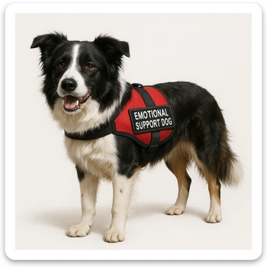 realistic border collie wearing an emotional support dog vest, realistic fur, friendly expression, standing, white background sticker