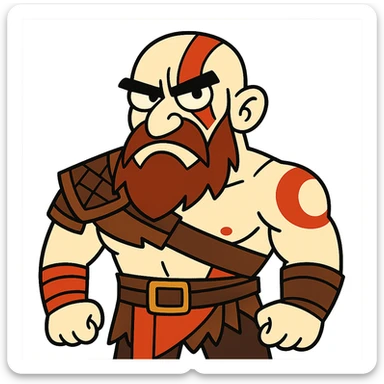 Funny cartoon version of Kratos with exaggerated features, looking grumpy sticker