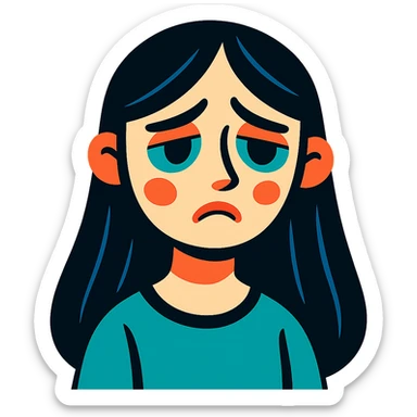pale girl with long black hair, sad expression, vibrant toon style sticker
