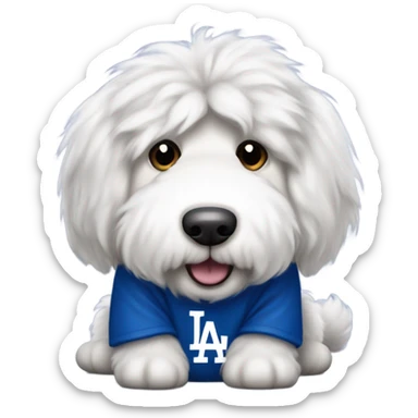 Old English sheepdog waiting for food wearing a Dodgers shirt sticker