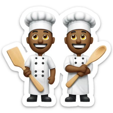 artoon chefs, one holding a spatula and the other a cleaver, are depicted against a light gray background.
The scene composition features two separate, but similar, figures, positioned vertically.  Each figure is centered and presented in a three-quarter view.  The timing is static, implying a moment of action or preparation. The figures are framed to isolate them, emphasizing each character's distinct pose and culinary tools.  The elements are positioned to direct attention to the figures and tools. sticker