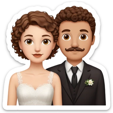 wedding with white girl brown short hair and guy with brown curly hair and mustache  sticker