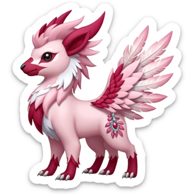 Floral feathery pastel pink and ruby-jewelry-adorned Absol-Amaura-fusion-Fakemon-animal-creature  sticker