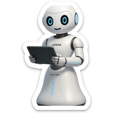 Lonna the robot from Keyi Tech, holding a tablet, streamlined design, blue LED accents, welcoming expression sticker