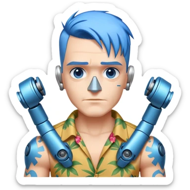 Franky with blue hair, metal nose, Hawaiian shirt, robotic arms sticker