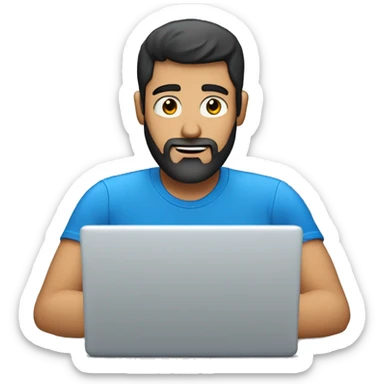 white guy with beard black hair thin face typing in laptop wearing blue t-shirt sticker