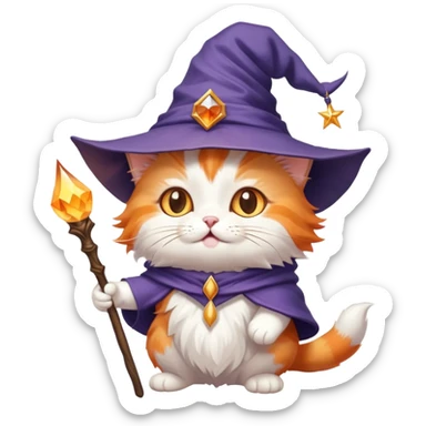 A cute cat with a pointy wizard hat and magic wand casting a spell sticker