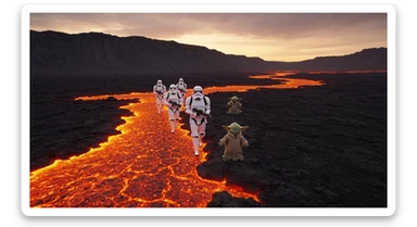 Shot on vlog camera, Starwars stormtroopers is walking on lava planet with yoda sticker