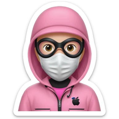 guard from Squid Game Round 6 wearing pink jumpsuit and black mask with white square, apple emoji style sticker