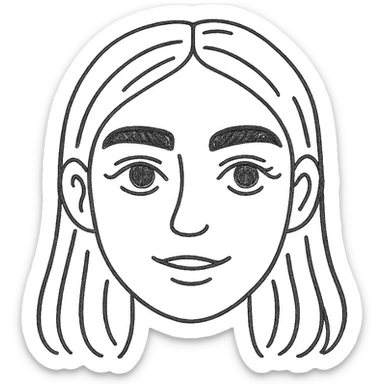 pretty girl with thick eyebrows, straight brown hair and brown eyes, curled eyelashes, hand drawn outlined icon sticker
