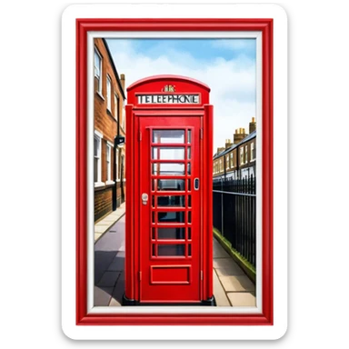 Cinematic Realistic depiction of an iconic red telephone box, rendered in vivid, saturated colors with detailed textures and reflective surfaces, set on a classic English street under soft, diffused daylight sticker