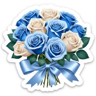 A luxurious bouquet of deep blue and pastel blue roses, elegantly wrapped in pearl satin ribbon, with delicate silver baby's breath flowers adding a shimmering touch sticker