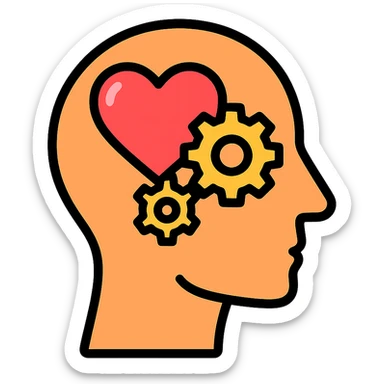 Vector illustration of a human head icon in profile view, with a heart or gears inside the head symbolizing emotional intelligence or cognitive processing. Clean and sharp lines, with subtle realistic shadows and glossy highlights for depth. Flat yet modern vector style. Transparent background sticker
