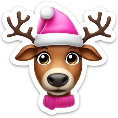 A cute big eyed reindeer with a pink Santa hat sticker