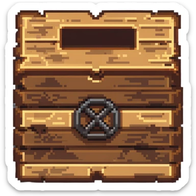 Flat 2D wooden crate with metal reinforcements, color #c2410c with darker wood grain, visible wood grain texture, metal bands across the crate, no perspective, flat 2D appearance, breakable look, simple warning symbol, 32x32 pixels sticker