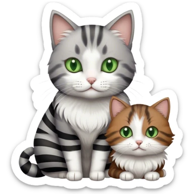 Grey and white cat next to a brown and black striped with white fluffy fur cat. Both cats have green eyes   sticker