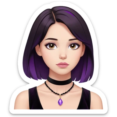 Close-up portrait of a young adult woman, light-skinned, likely in her late teens or early twenties.  Casual, contemplative pose with a thoughtful expression.  Medium-length, dark brown and violet hair, styled loosely around her shoulders.  Natural makeup, with a soft, rosy blush and neutral eyeshadow.  Pale pink lipstick complements the overall look.  Wearing a simple, wide black velvet choker necklace, and a black sleeveless top.  The subject's gaze is directed slightly off to the side, creating a sense of introspection.  sticker