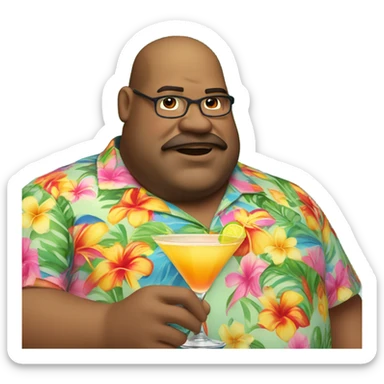 Fat guy standing in hawai shirt and fancy drink sticker