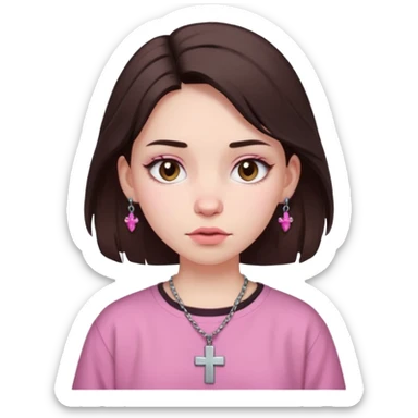 A girl with pale skin, a dark brown wolfcut,baggy pink shirt and cross earrings  sticker