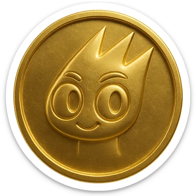 Create a simple flat gold coin with a thin rim, transparent background, no shadows. Feature only the mascot's head from the provided image in gold, centered. No neck or extra details, just the head. Style matches previous option 3 (gold objects style). sticker
